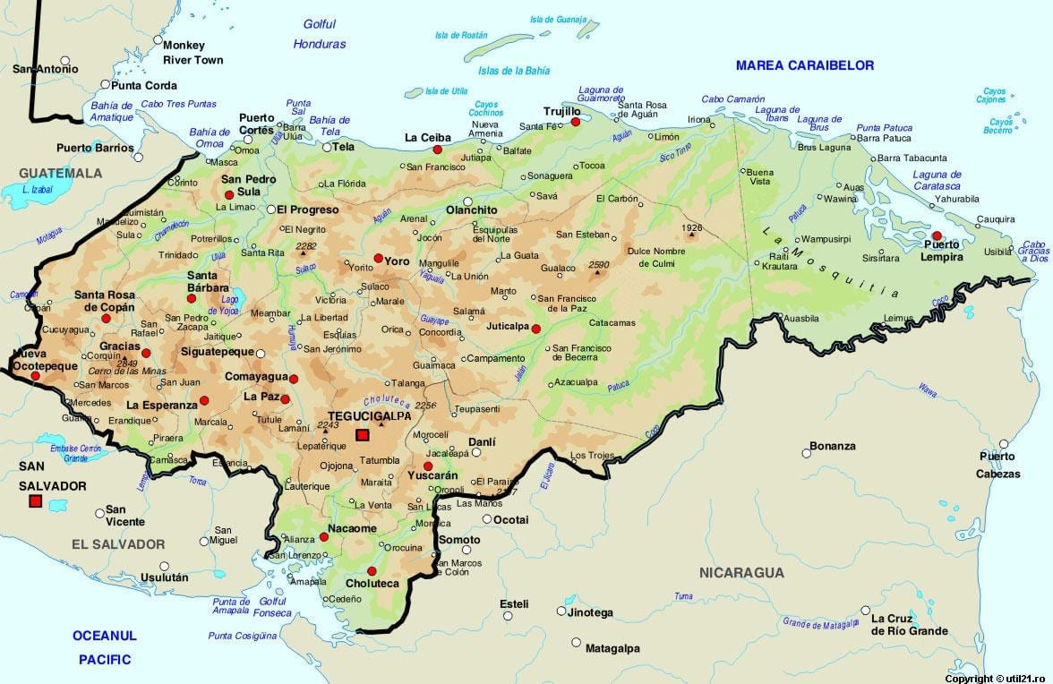 carte du Honduras et les pays voisins